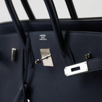 Hermes Handbag Birkin 35 Bleu Nuit Orange Poppy Veau Togo Leather Palladium Plated 2017 A  - Redeluxe