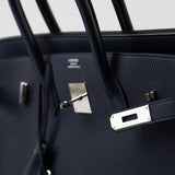 Hermes Handbag Birkin 35 Bleu Nuit Orange Poppy Veau Togo Leather Palladium Plated 2017 A  - Redeluxe
