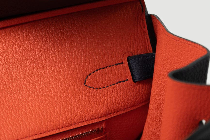 Hermes Handbag Birkin 35 Bleu Nuit Orange Poppy Veau Togo Leather Palladium Plated 2017 A  - Redeluxe