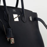 Hermes Handbag Birkin 35 Bleu Nuit Orange Poppy Veau Togo Leather Palladium Plated 2017 A  - Redeluxe