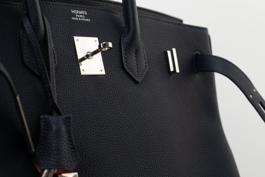 Hermes Handbag Birkin 35 Bleu Nuit Orange Poppy Veau Togo Leather Palladium Plated 2017 A  - Redeluxe