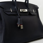 Hermes Handbag Birkin 35 Bleu Nuit Orange Poppy Veau Togo Leather Palladium Plated 2017 A  - Redeluxe