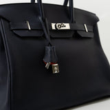 Hermes Handbag Birkin 35 Bleu Nuit Orange Poppy Veau Togo Leather Palladium Plated 2017 A  - Redeluxe