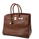 Hermes Handbag Birkin 35 Brown Ardennes Leather Gold Plated Z Circle Stamp - Redeluxe