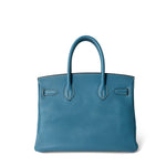 Hermes Handbag Birkin / Blue Birkin 30 Blue Jean Togo Palladium Plated H Square Stamp - Redeluxe