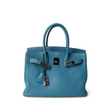 Hermes Handbag Birkin / Blue Birkin 30 Blue Jean Togo Palladium Plated H Square Stamp - Redeluxe