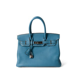 Hermes Handbag Birkin / Blue Birkin 30 Blue Jean Togo Palladium Plated H Square Stamp - Redeluxe