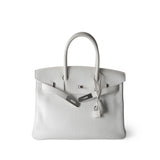 Hermes Handbag Birkin / White Birkin 30 White Taurillon Clemence Leather Palladium Plated I Square Stamp - Redeluxe