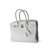 Hermes Handbag Birkin / White Birkin 30 White Taurillon Clemence Leather Palladium Plated I Square Stamp - Redeluxe