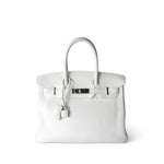 Hermes Handbag Birkin / White Birkin 30 White Taurillon Clemence Leather Palladium Plated I Square Stamp - Redeluxe