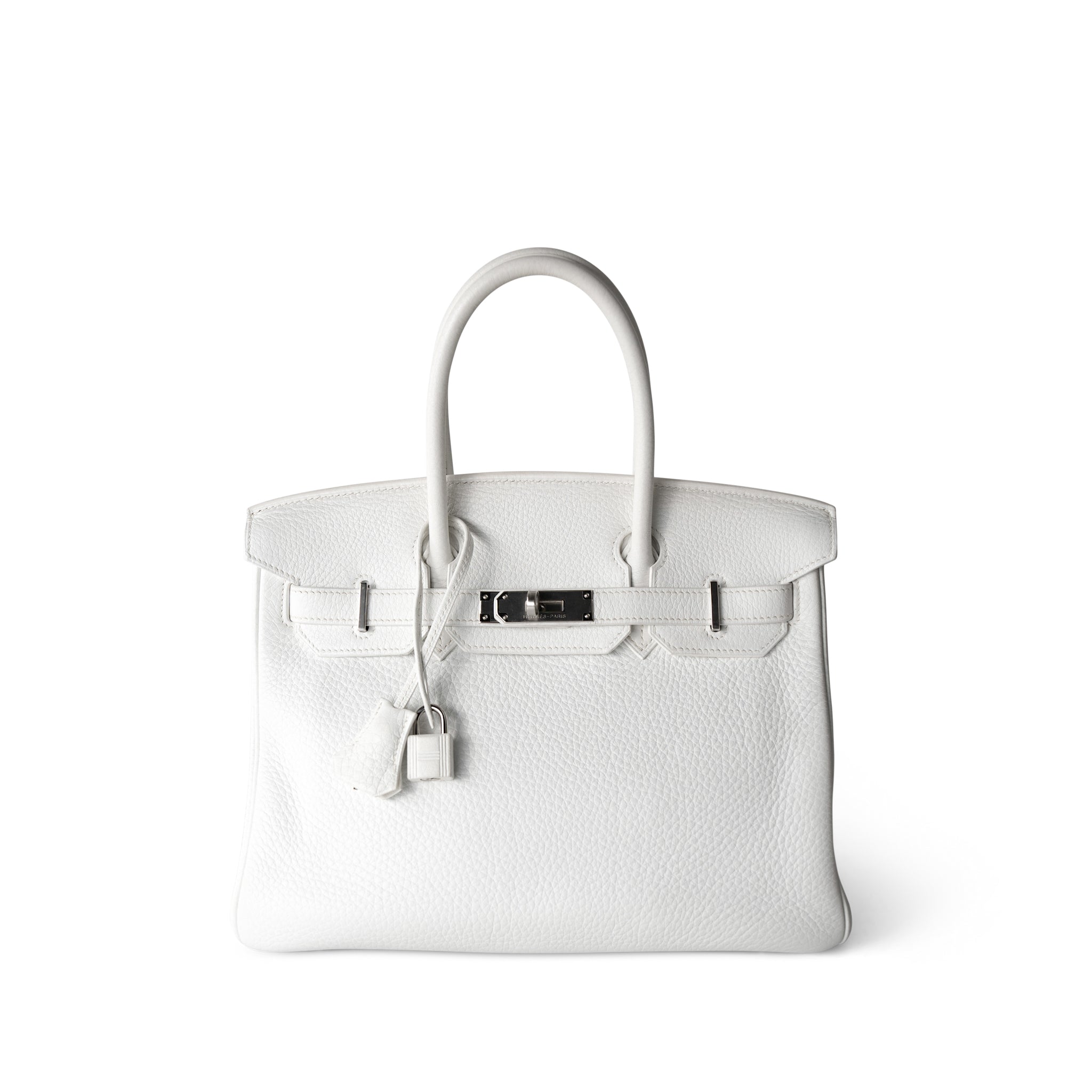 Hermes Handbag Birkin / White Birkin 30 White Taurillon Clemence Leather Palladium Plated I Square Stamp - Redeluxe