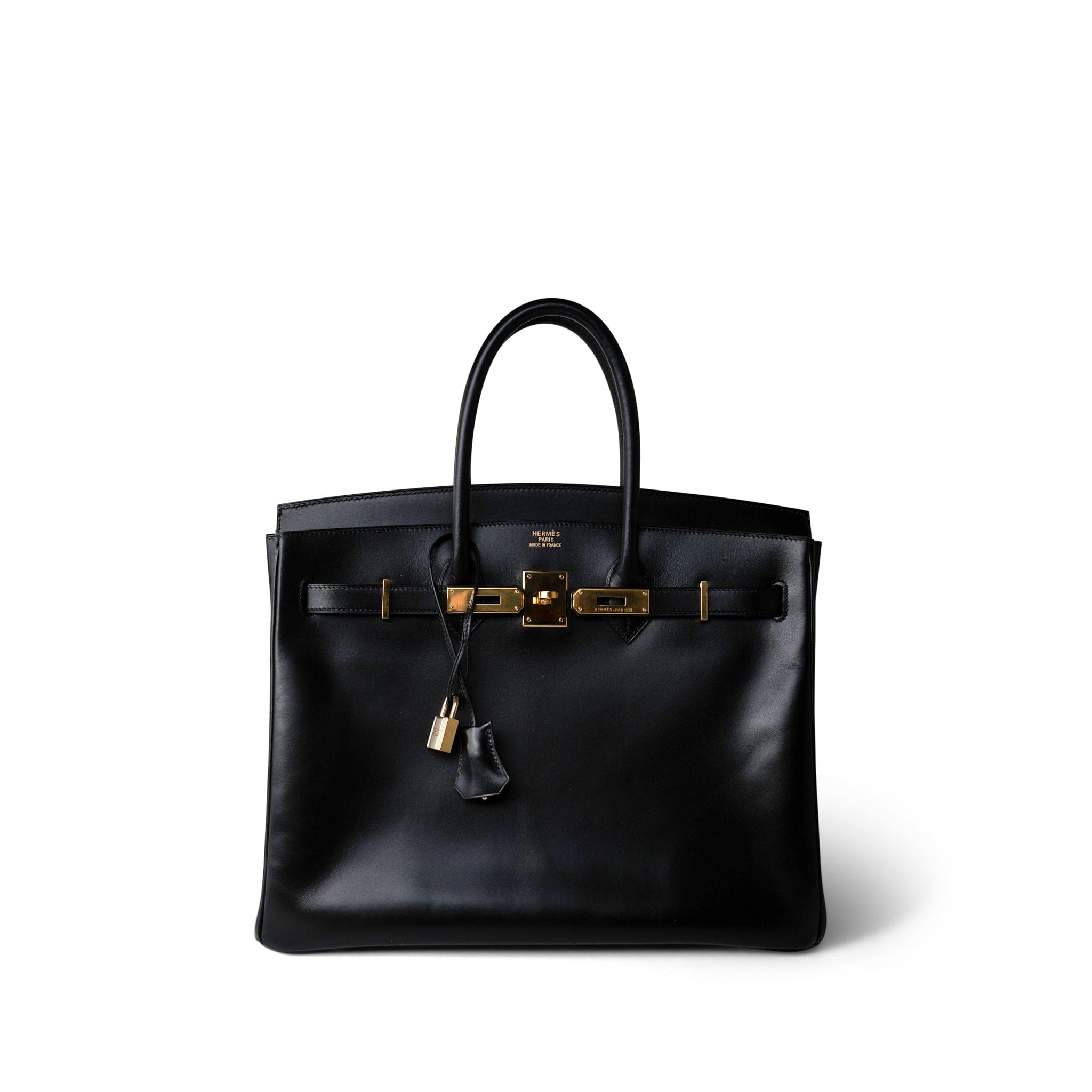 Birkin 35 Black Box Calfskin Gold Plated F Square Stamp – REDELUXE