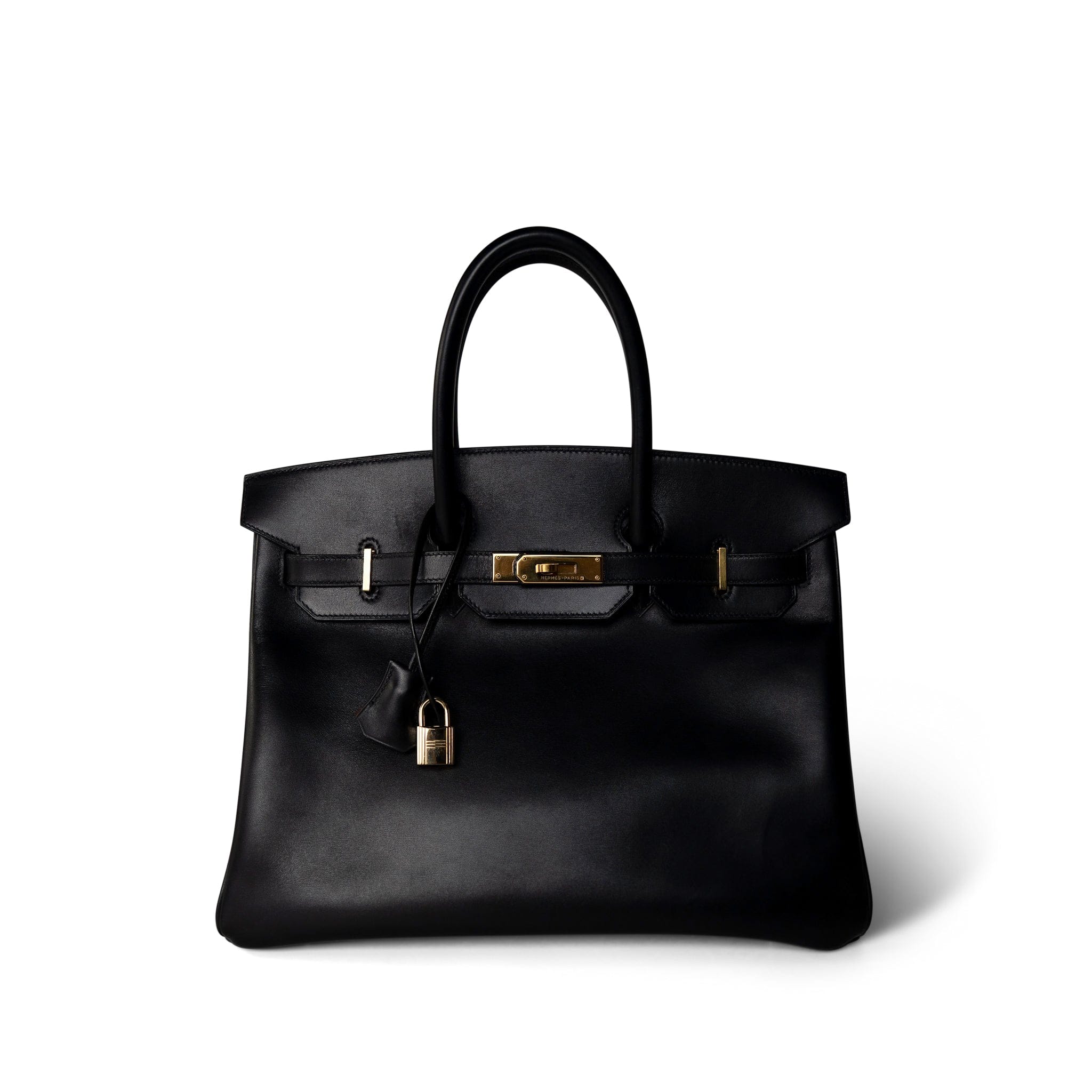 Hermes Handbag Black Birkin 35 Black Box Calfskin / Rouge Vif Gold Plated B Square Stamp - Redeluxe