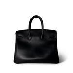 Hermes Handbag Black Birkin 35 Black Box Calfskin / Rouge Vif Gold Plated B Square Stamp - Redeluxe