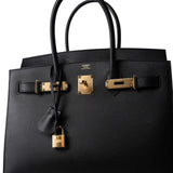 Hermes Handbag Black Birkin Sellier 30 Noir / Black Veau Madame Leather Gold Plated Z Stamp - Redeluxe