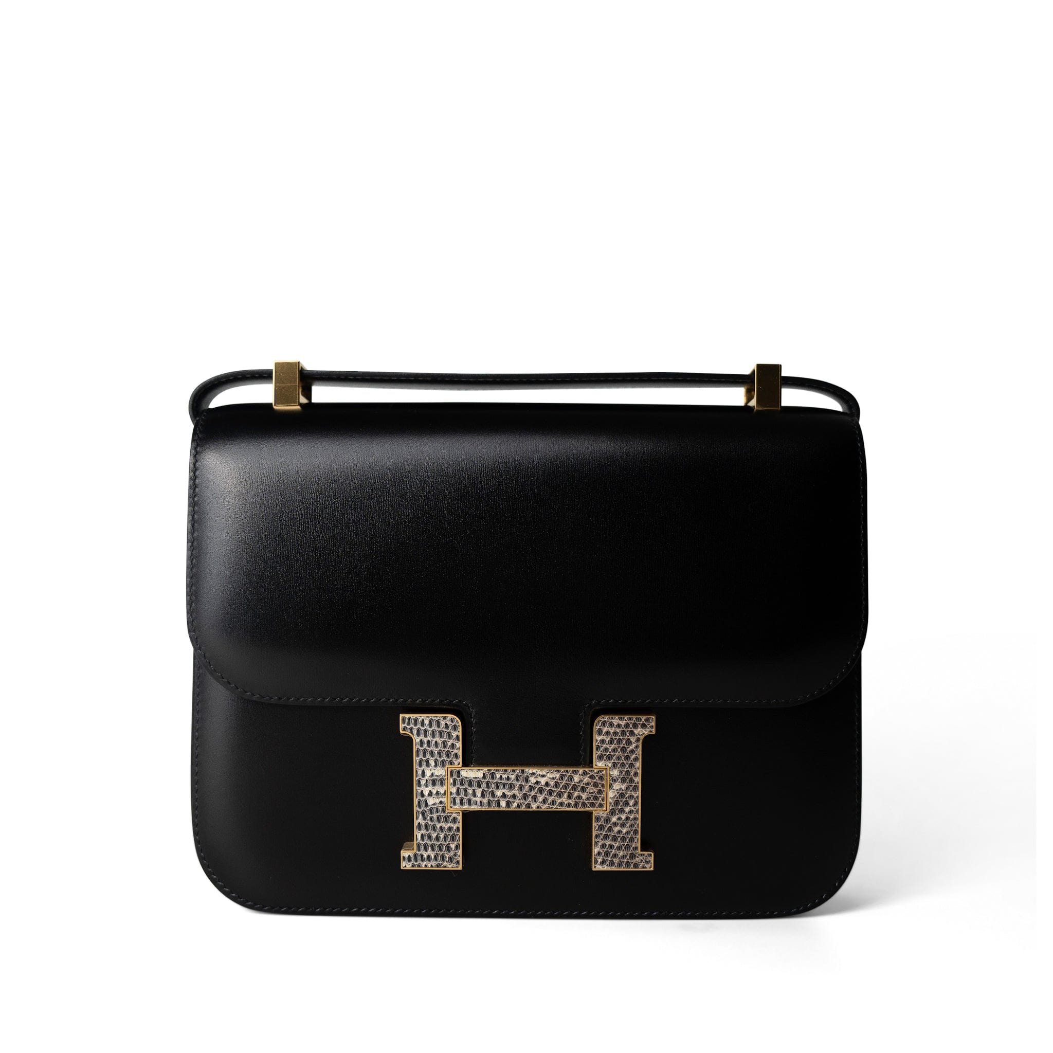 Hermes Handbag Black Constance 24 Black Box and Lizard Gold Hardware B Stamp - Redeluxe