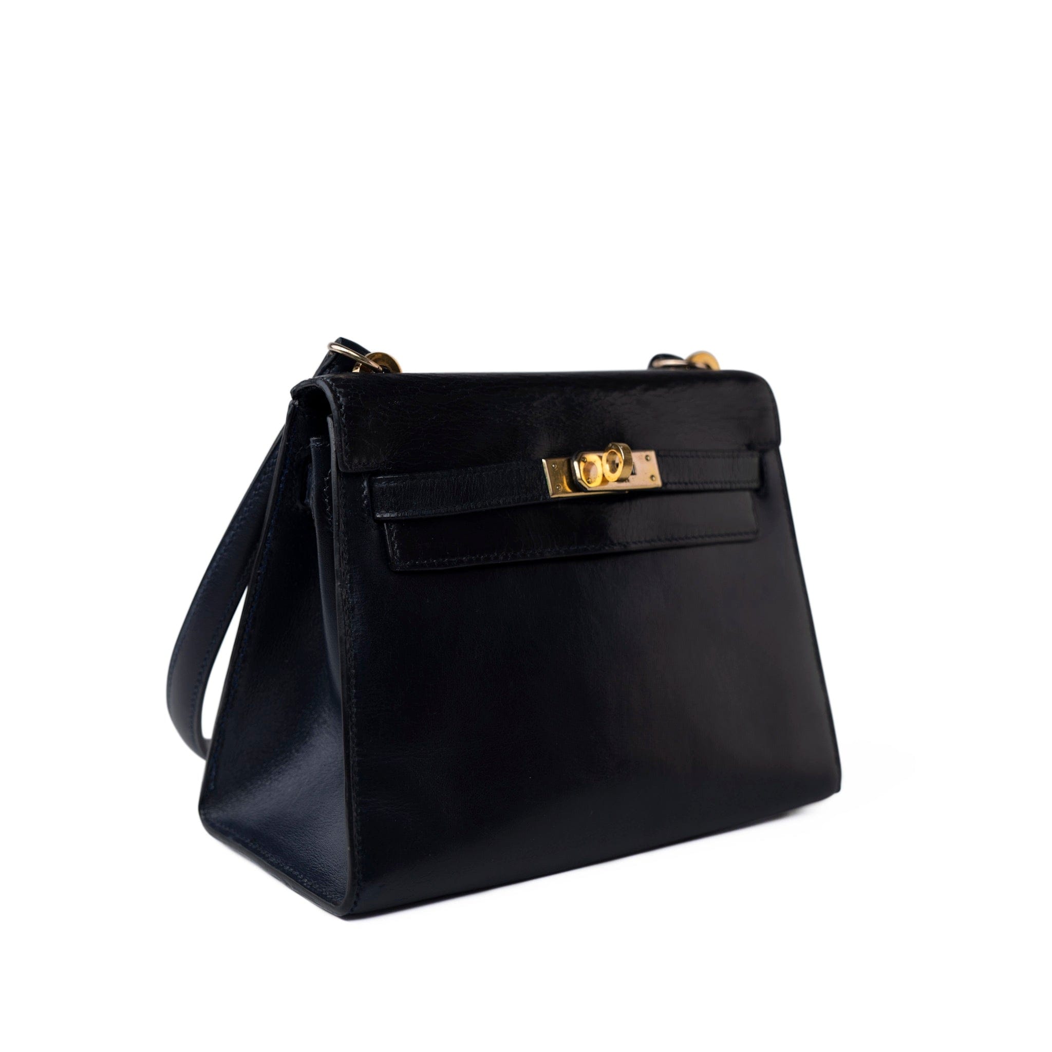 Hermes Handbag Black Hermes Vintage Mini Kelly Navy Box Calfskin Leather Shoulder Bag - Redeluxe
