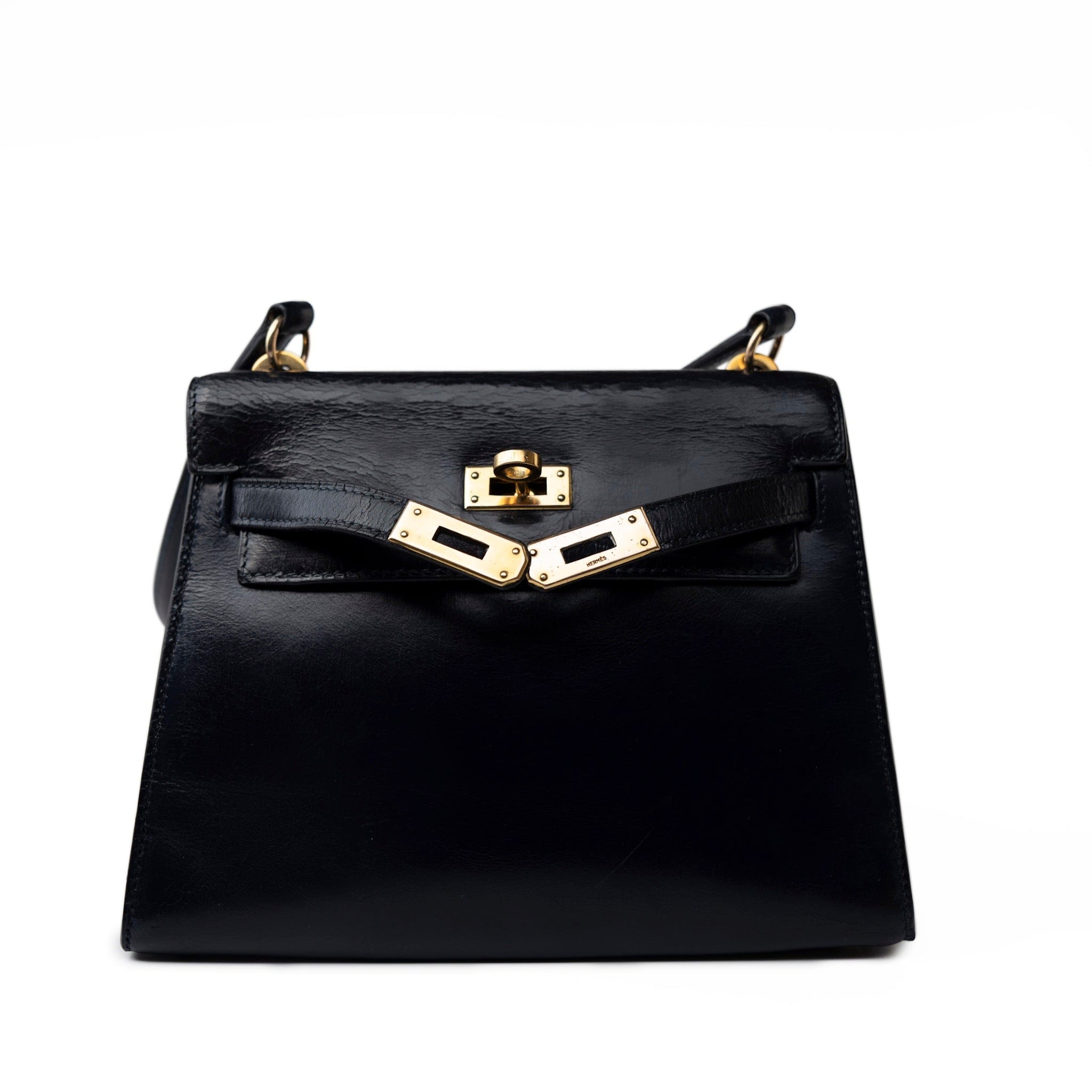 Hermes Handbag Black Hermes Vintage Mini Kelly Navy Box Calfskin Leather Shoulder Bag - Redeluxe