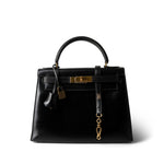 Hermes Handbag Black Kelly 28 Black Box Calfskin Gold Plated (T) Stamp - Redeluxe