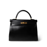 Hermes Handbag Black Kelly 32 Black Box Calfskin Gold Plated A Square Stamp - Redeluxe