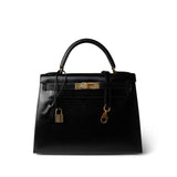 Hermes Handbag Black Kelly Sellier 28 Black Box Calfskin Gold Plated (V) Stamp - Redeluxe