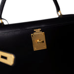 Hermes Handbag Black Kelly Sellier 28 Black Box Calfskin Gold Plated X Circle Stamp - Redeluxe