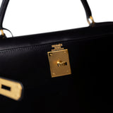 Hermes Handbag Black Kelly Sellier 28 Black Box Calfskin Gold Plated X Circle Stamp - Redeluxe