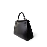 Hermes Handbag Black Kelly Sellier 28 Black Box Calfskin Gold Plated X Circle Stamp - Redeluxe