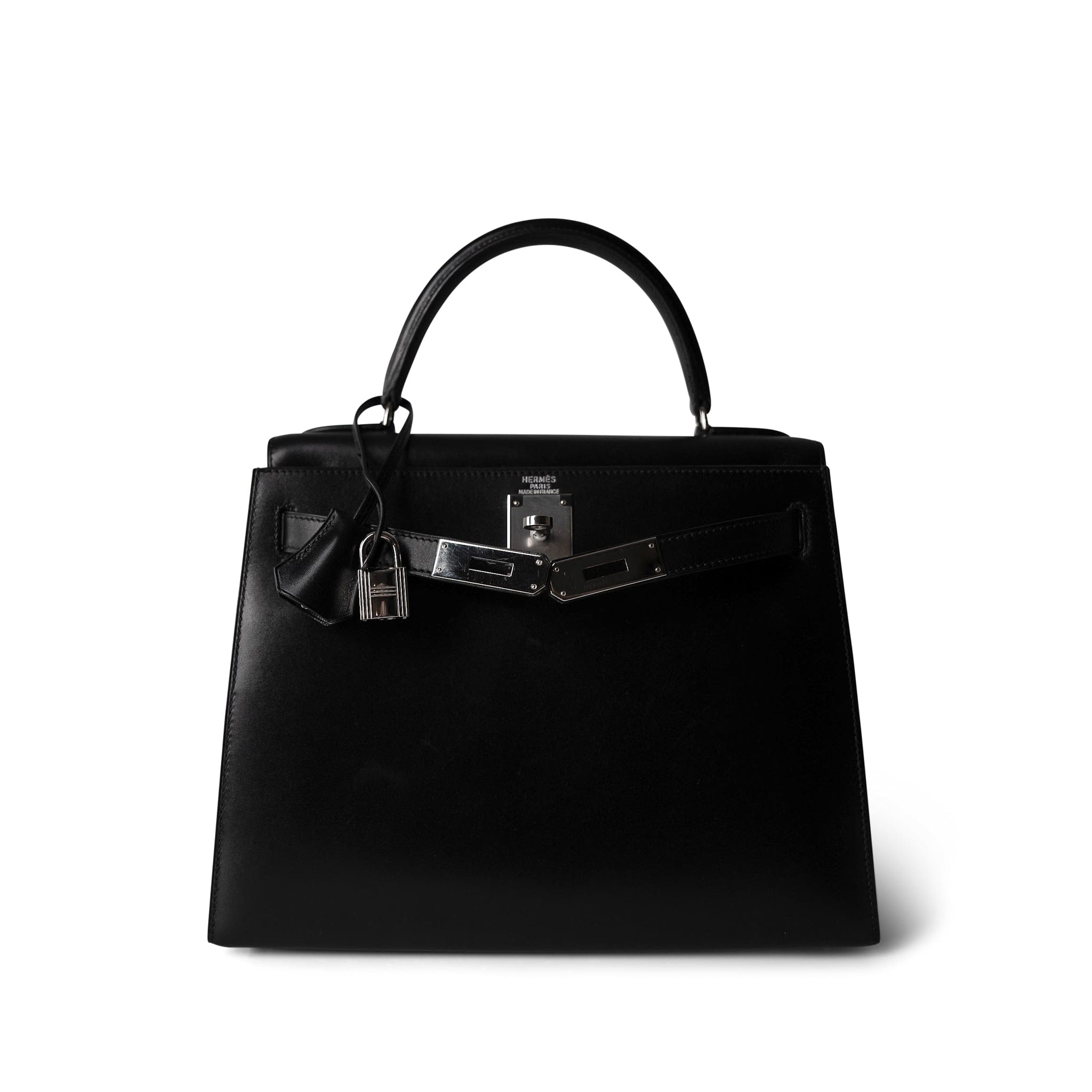 Hermes Handbag Black Kelly Sellier 28 Black Box Calfskin Palladium Plated [R] Stamp - Redeluxe