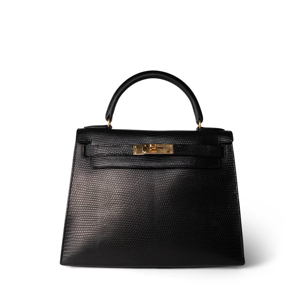Hermes Handbag Black Kelly Sellier 28 Black Lizard Gold Plated (Y) Stamp - Redeluxe