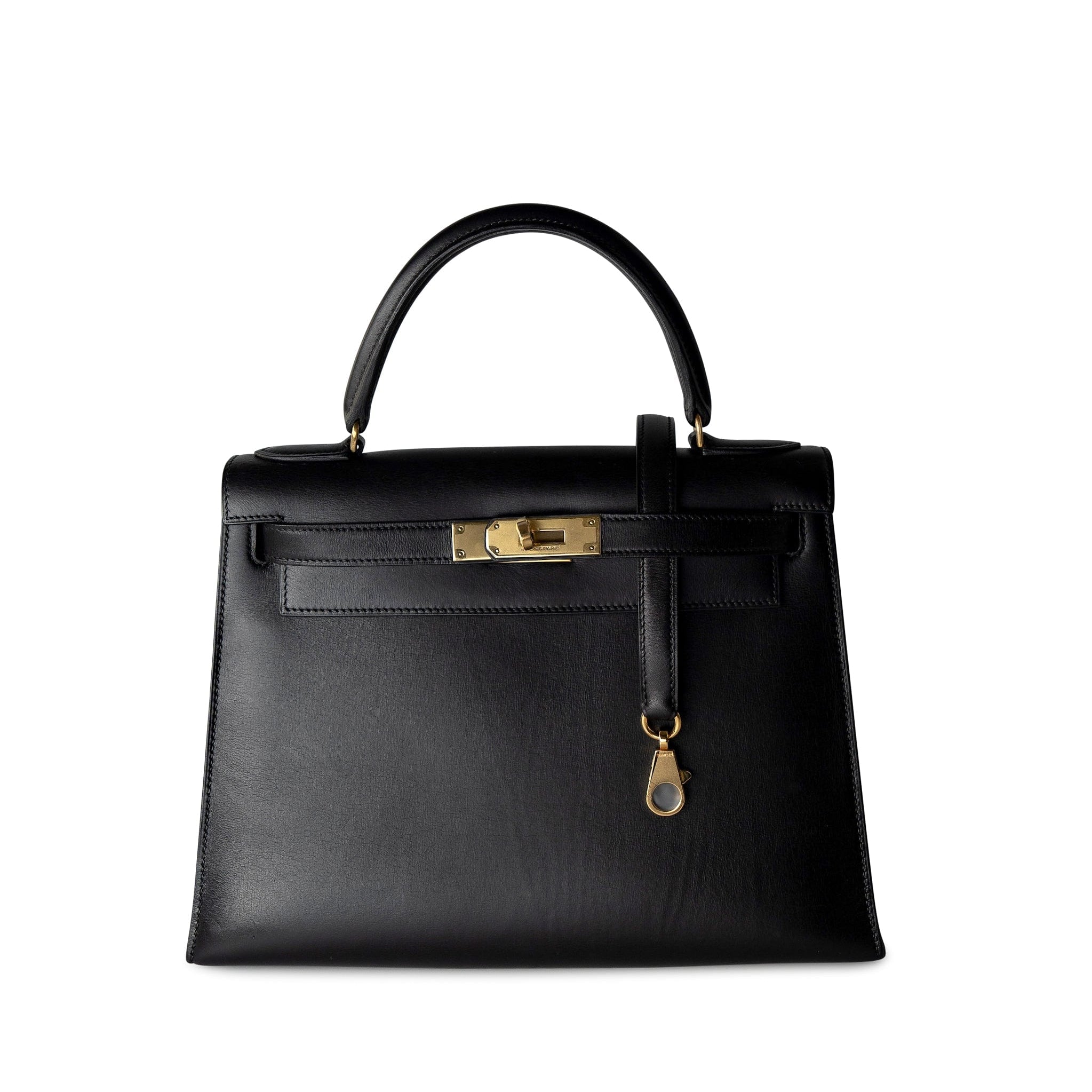 Hermes Handbag Black Kelly Sellier 28 Box Calfskin Gold Plated Hardware M Circle Stamp - Redeluxe