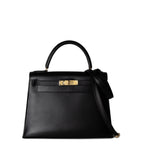 Hermes Handbag Black Kelly Sellier 28 Box Calfskin Gold Plated Hardware M Circle Stamp - Redeluxe