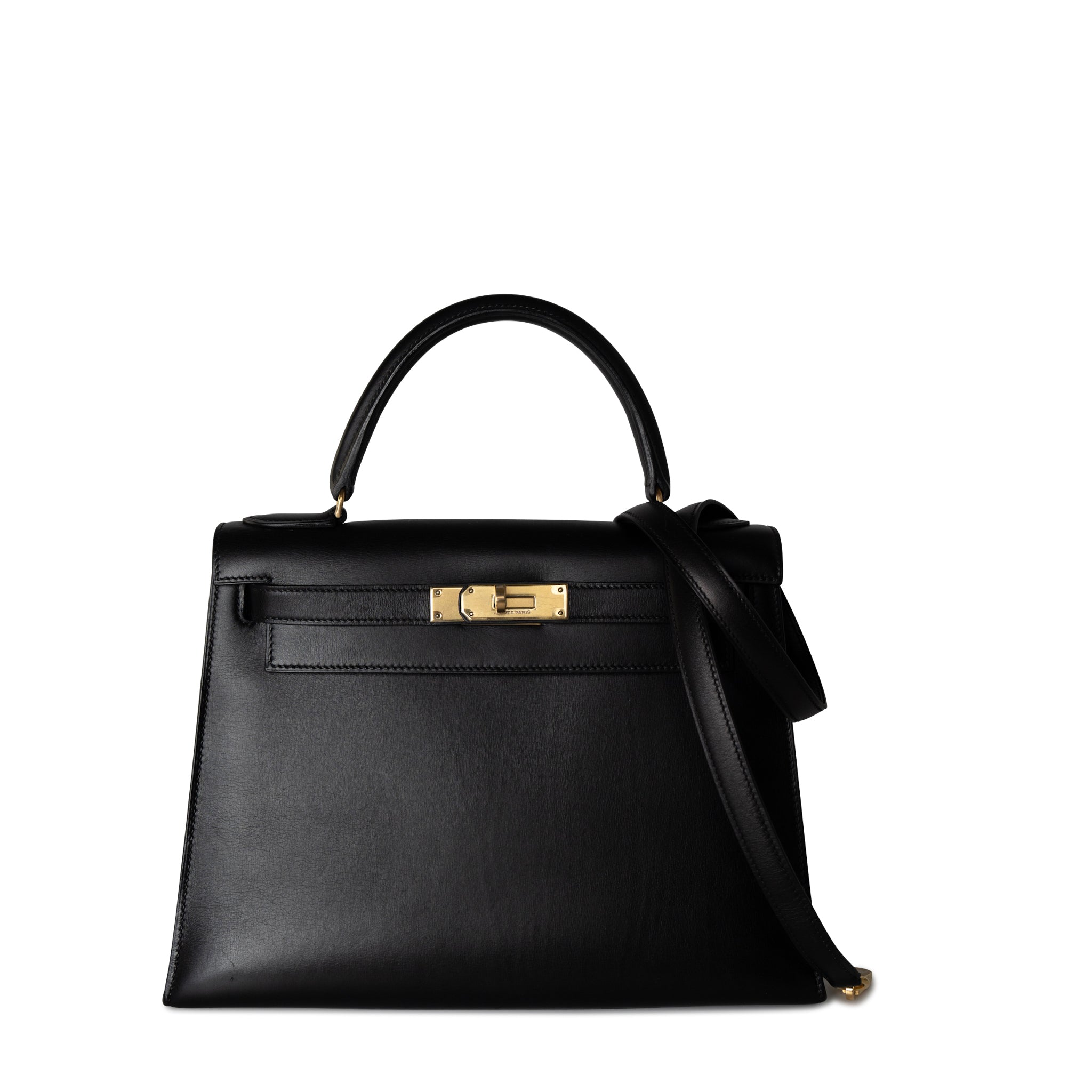 Hermes Handbag Black Kelly Sellier 28 Box Calfskin Gold Plated Hardware M Circle Stamp - Redeluxe