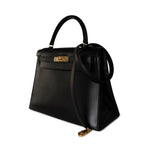 Hermes Handbag Black Kelly Sellier 28 Box Calfskin Gold Plated Hardware M Circle Stamp - Redeluxe
