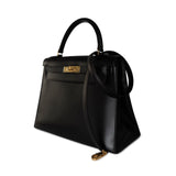 Hermes Handbag Black Kelly Sellier 28 Box Calfskin Gold Plated Hardware M Circle Stamp - Redeluxe