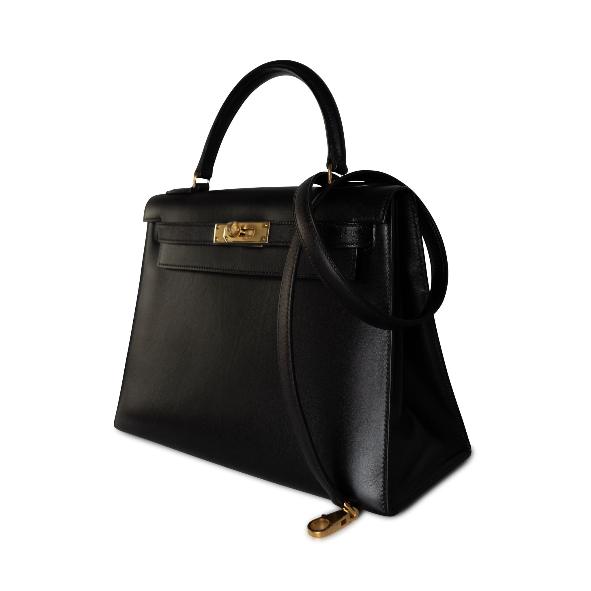 Hermes Handbag Black Kelly Sellier 28 Box Calfskin Gold Plated Hardware M Circle Stamp - Redeluxe