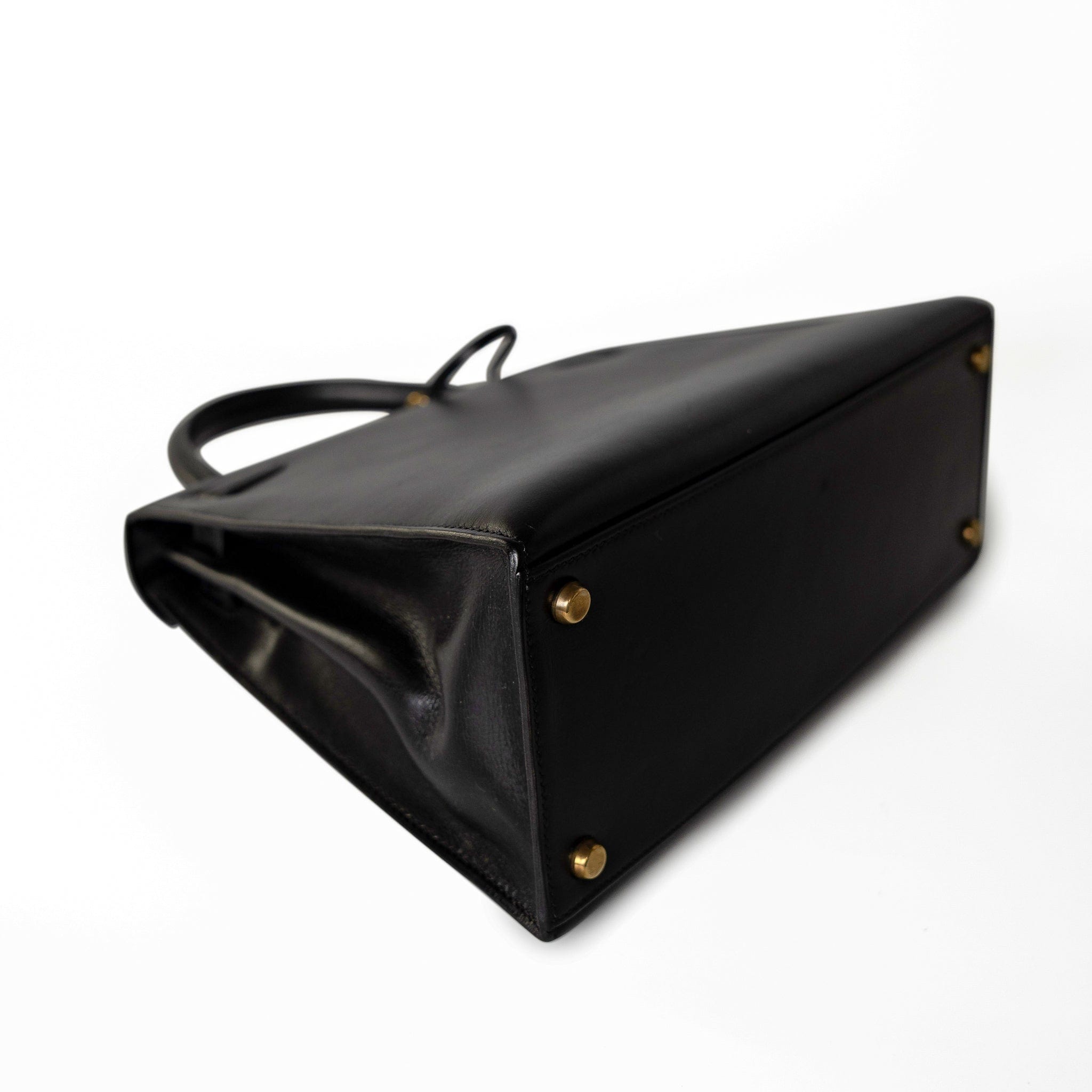 Hermes Handbag Black Kelly Sellier 28 Box Calfskin Gold Plated Hardware M Circle Stamp - Redeluxe