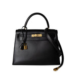 Hermes Handbag Black Kelly Sellier 28 Box Calfskin Gold Plated Hardware M Circle Stamp - Redeluxe