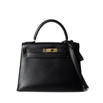 Hermes Handbag Black Kelly Sellier 28 Box Calfskin Gold Plated Hardware M Circle Stamp - Redeluxe