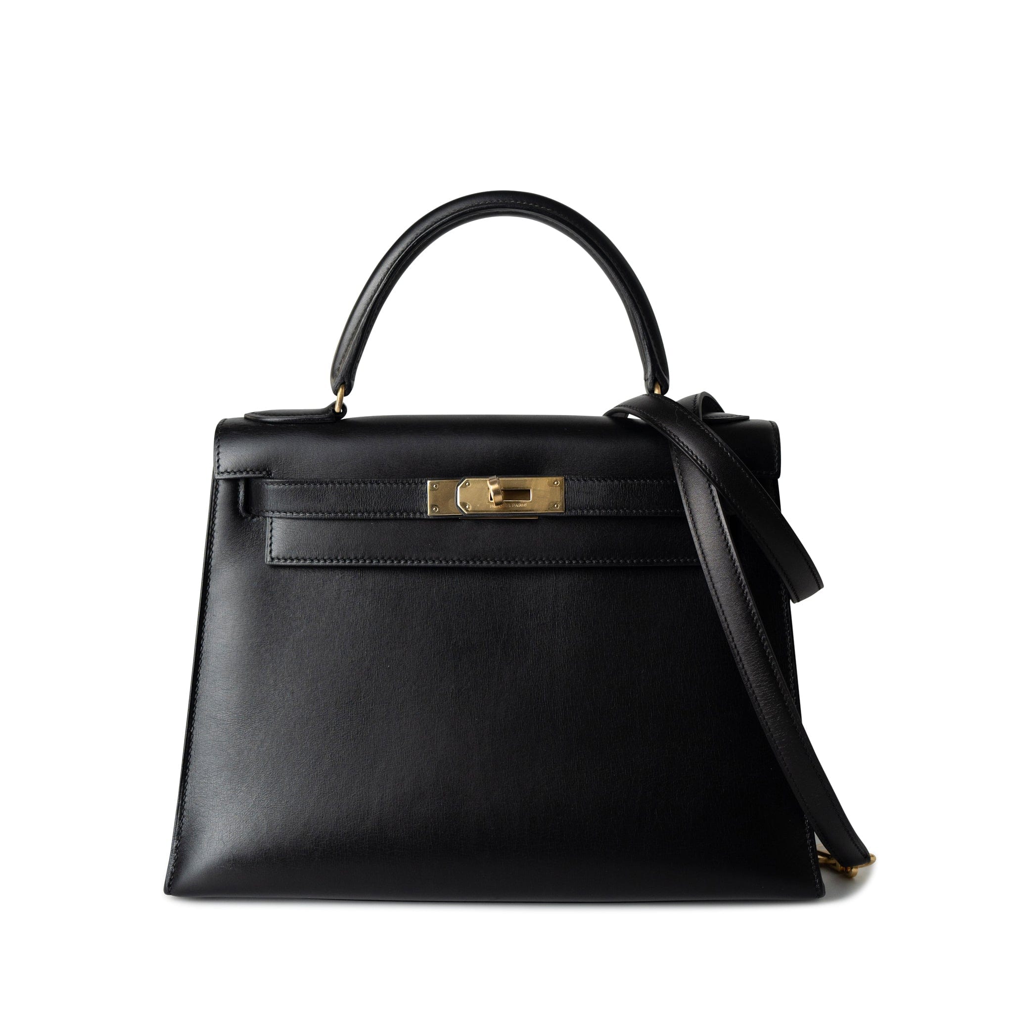 Hermes Handbag Black Kelly Sellier 28 Box Calfskin Gold Plated Hardware M Circle Stamp - Redeluxe