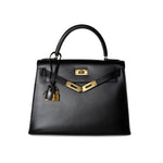 Hermes Handbag Black Kelly Sellier 28 Box Calfskin Gold Plated Hardware M Circle Stamp - Redeluxe