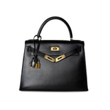 Hermes Handbag Black Kelly Sellier 28 Box Calfskin Gold Plated Hardware M Circle Stamp - Redeluxe