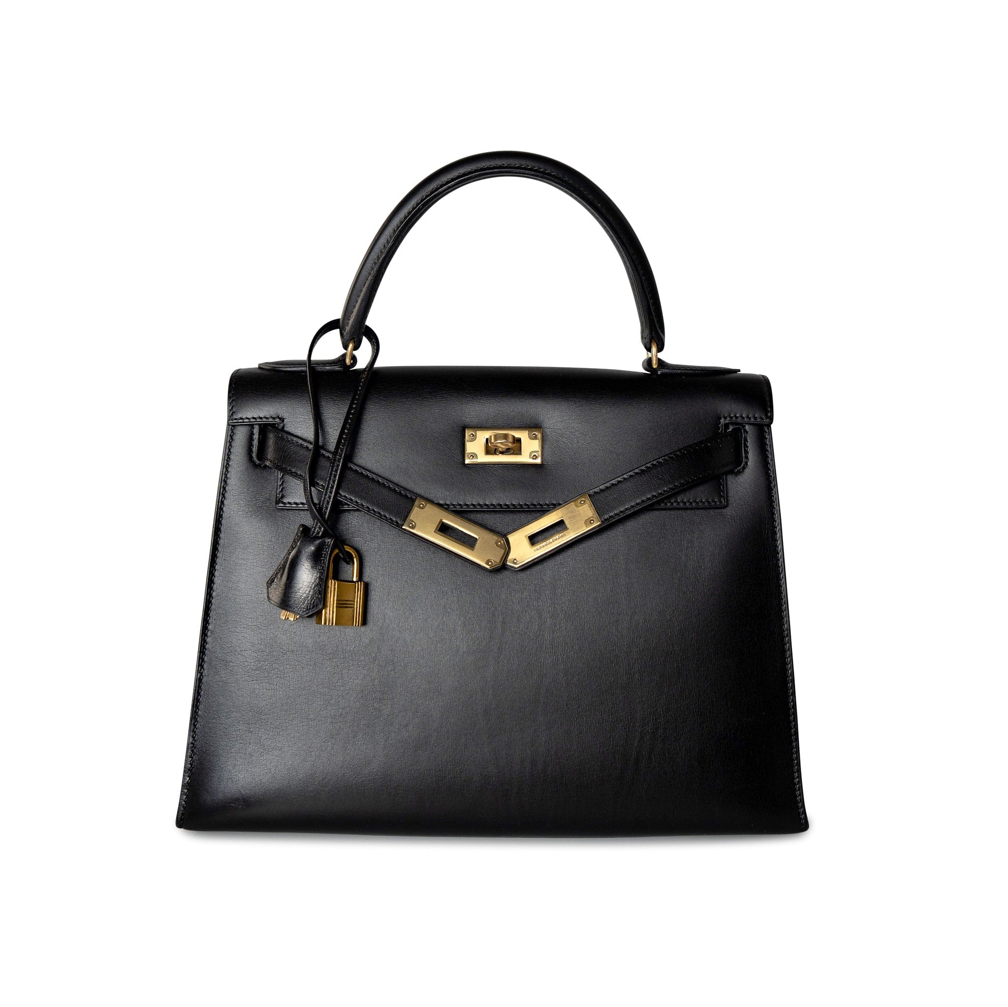 Hermes Handbag Black Kelly Sellier 28 Box Calfskin Gold Plated Hardware M Circle Stamp - Redeluxe