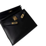 Hermes Handbag Black Kelly Sellier 28 Box Calfskin Gold Plated Hardware M Circle Stamp - Redeluxe