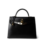 Hermes Handbag Black Kelly Sellier 32 Black Box Calfskin Gold Plated (U) Stamp - Redeluxe