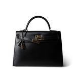 Hermes Handbag Black Kelly Sellier 32 Black Box Calfskin Gold Plated (U) Stamp - Redeluxe