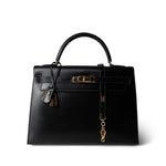 Hermes Handbag Black Kelly Sellier 32 Black Box Calfskin Gold Plated (U) Stamp - Redeluxe