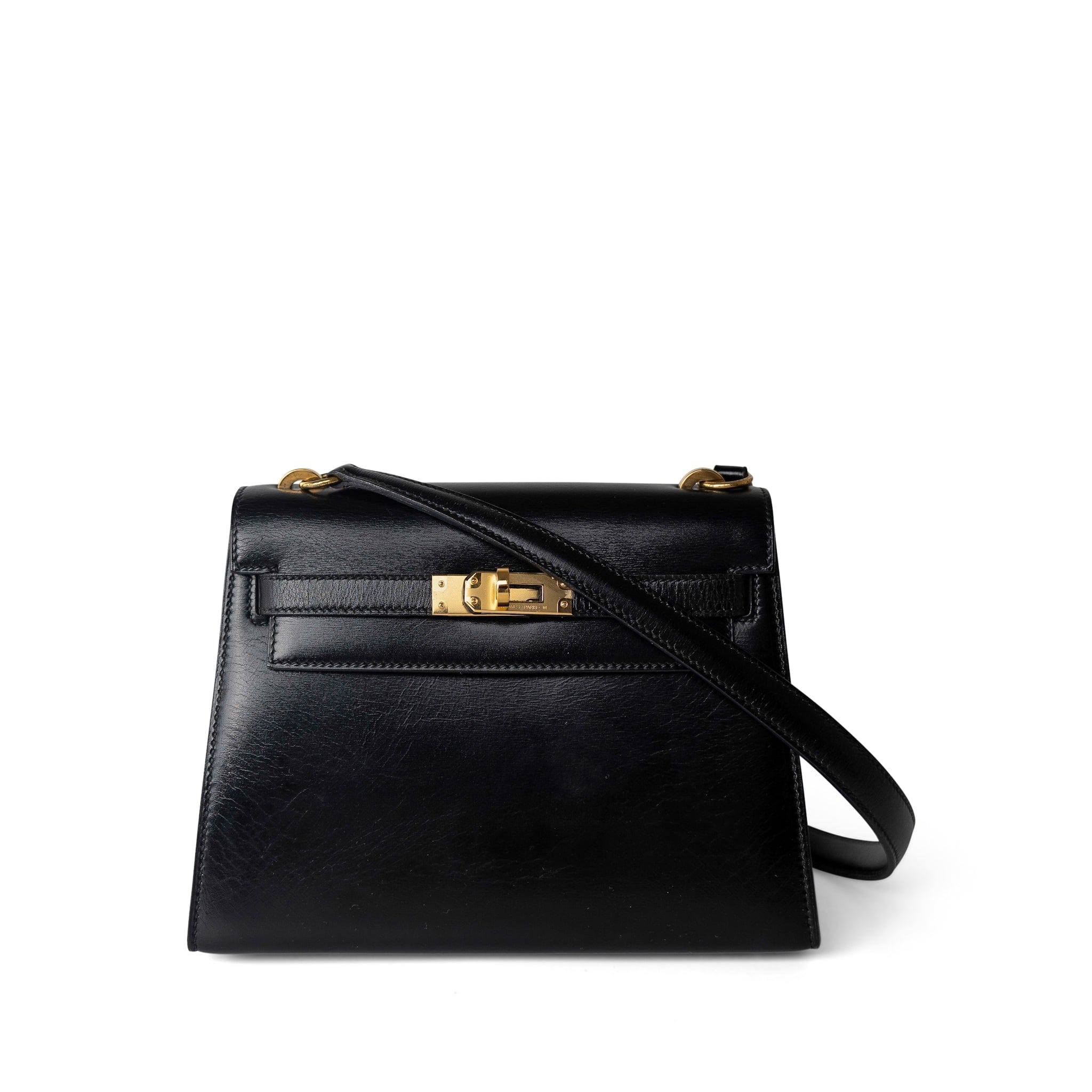 Hermes Handbag Black Mini Kelly Sellier 20 Black Box Calfskin Gold Plated P Circle Stamp - Redeluxe