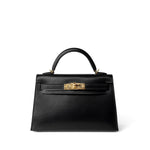 Hermes Handbag Black Mini Kelly Sellier Noir Box Calfskin Gold Plated Z Stamp - Redeluxe