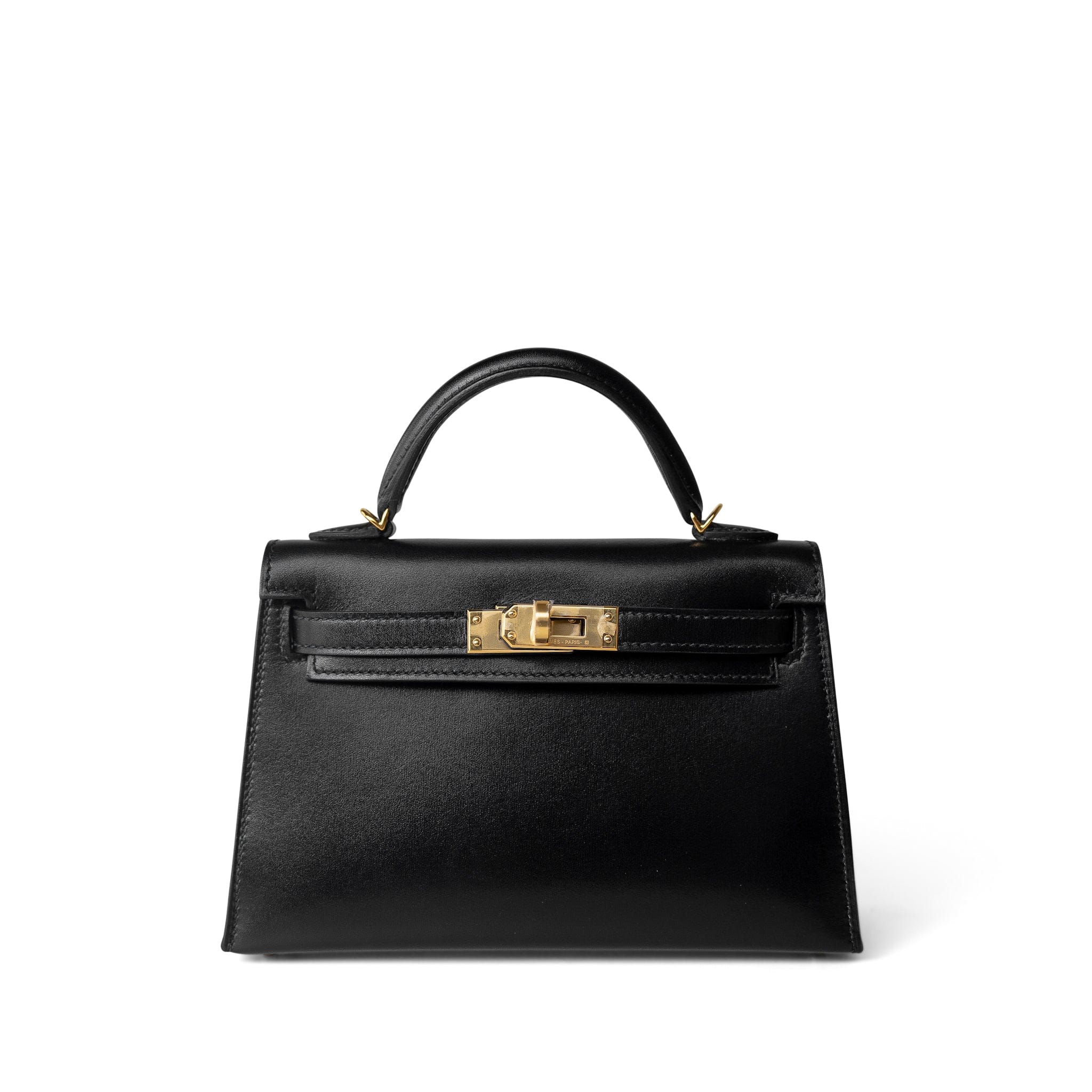 Hermes Handbag Black Mini Kelly Sellier Noir Box Calfskin Gold Plated Z Stamp - Redeluxe